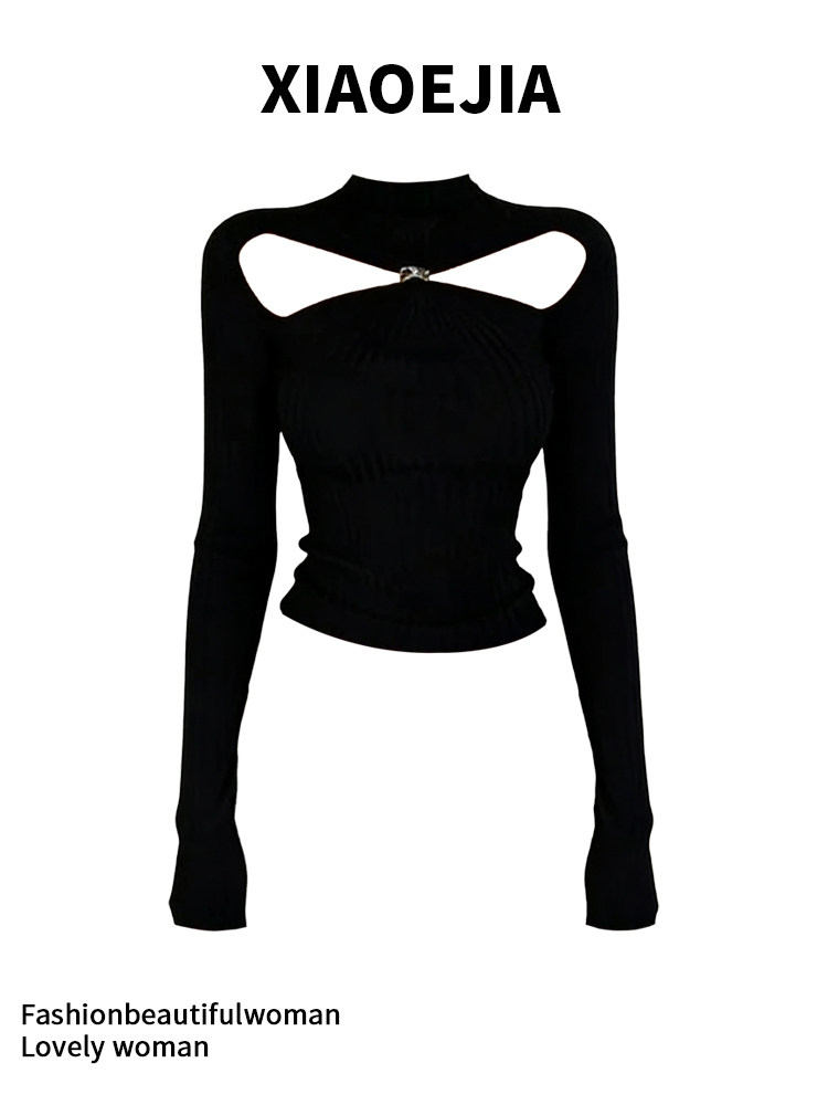 Turtleneck Knit 90S - Женская черная готическая футболка в стиле